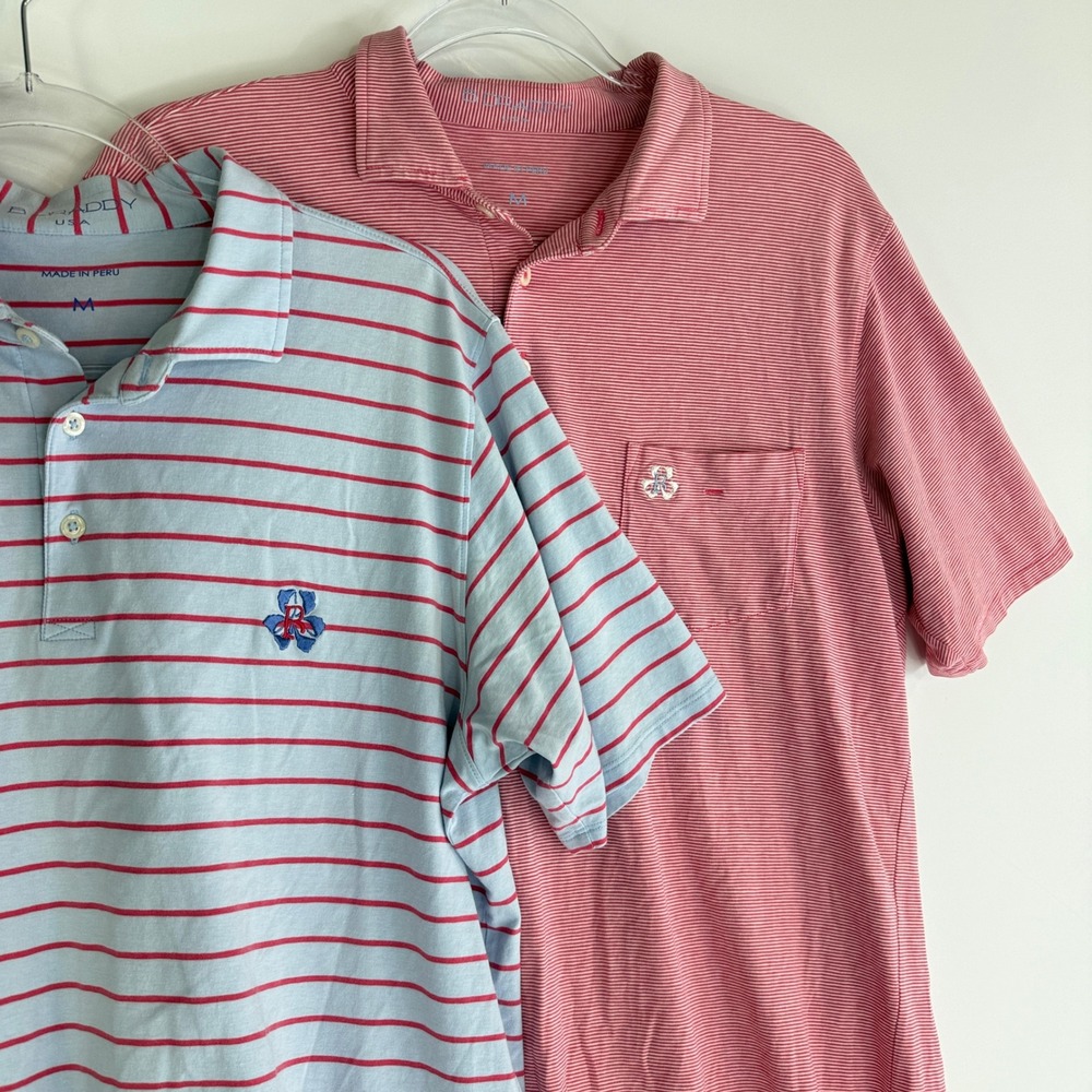 B. Draddy Polo Shirt Mens M Blue Red Striped Pima Cotton Lot of 2 BDK33